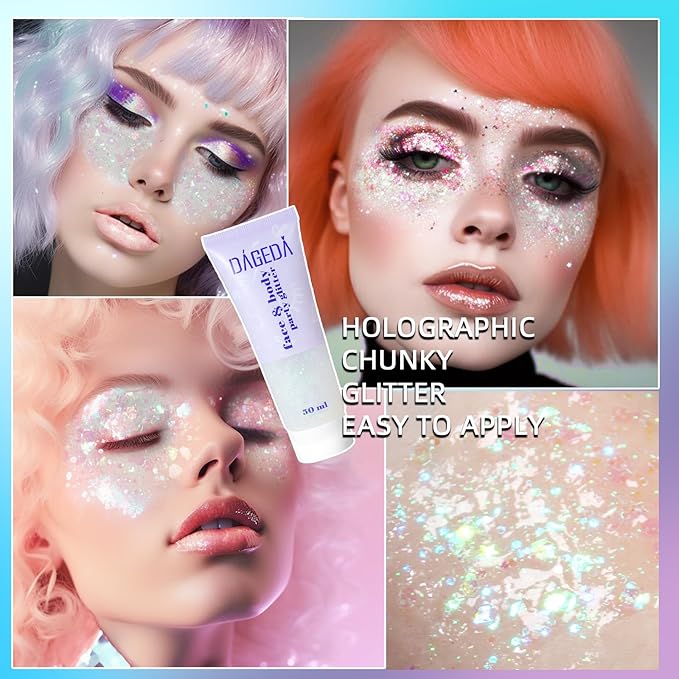 DAGEDA Body Glitter Gel, Face Glitter Body Gel Sequins Shimmer Liquid Eyeshadow, Chunky Glitter for Face Hair Nails, Holographic Cosmetic Laser Powder Festival Glitter Makeup 50ml(White)