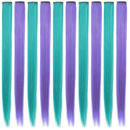 20 Inch Colored Party Highlights Straight Hair Clip Extensions Heat-Resistant Synthetic Hair Extensions in Multiple Colors 12PCS(Teal Lavender)