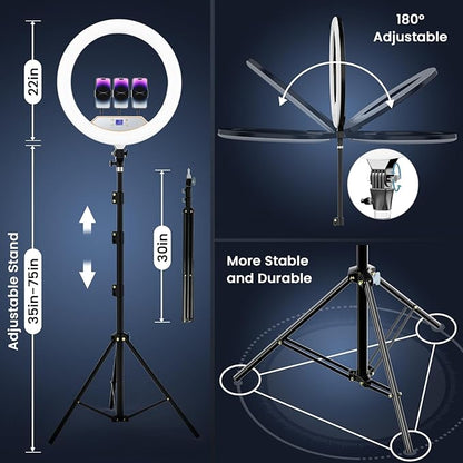 22in Large Ring Light with Stand,512pcs Bulbs Big Ring Light with 75" Tripod for iPhone/LED Display/4 Clips/2 USB Ports,2600K-6500K Dimmable Barber Light,for TikTok Video Recording Tattoo Lash Makeup