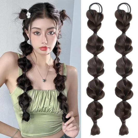 2 Pcs Bubble Ponytail Wig Synthetic Braided Hair Extensions With Ties and Band Wrap Around Hairpieces for Women Girls Daily Wear Accessories (Brownish Black)