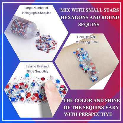 MEICOLY Red White and Blue Body Glitter,4th of July Accessories,4th of July Outfits for Women Kids,Fourth of July Patriotic Face Glitter for Independence Day President's Day Patriotic Veterans Day