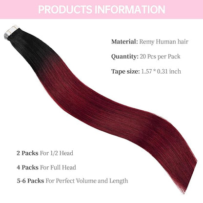 Ombre Tape in Hair Extensions Human Hair,12inch 20 Pcs #T1B/99J Ombre Black to Burgundy Human Hair Extensions,Straight Silky 40g Seamless Invisible Remy Tape ins for Women Girls