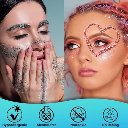 Light Blue Face & Body Glitter,Chunky Glitter for Face Body Eye Lip Hair,Singer Concerts Iridescent Face Paint Glitter Makeup 50ml,Easy Application & Removal