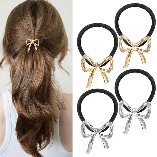 4 Pcs Bowknot Hair Ties for Women Elegant Gold Silver Bow Ponytail Holder Metal Elastic Hair Scrunchies Cute Rubber Bands Hair Ropes for Girls Thick Thin Curly Hair Styling Accessories
