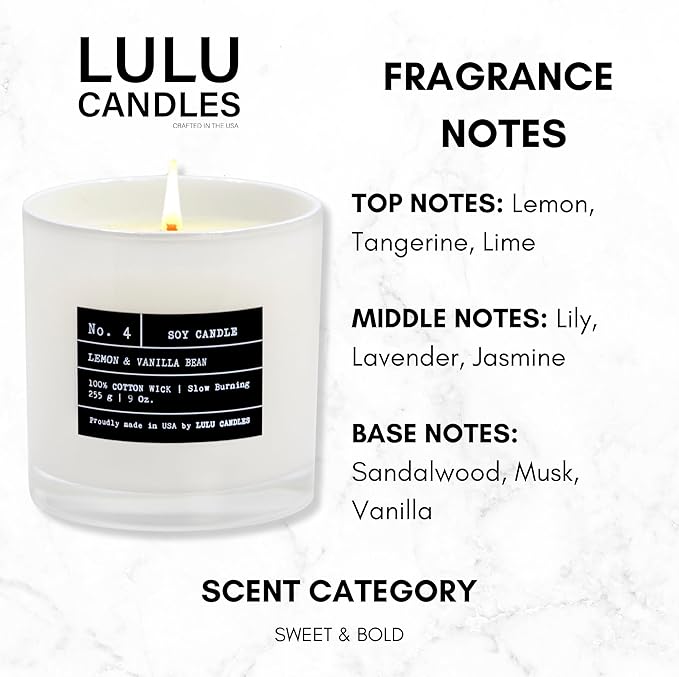 Lulu Candles | Lemon & Vanilla Bean | Luxury Scented Soy Jar Candle | Hand Poured in The USA | Highly Scented & Long Lasting (9 Oz.)