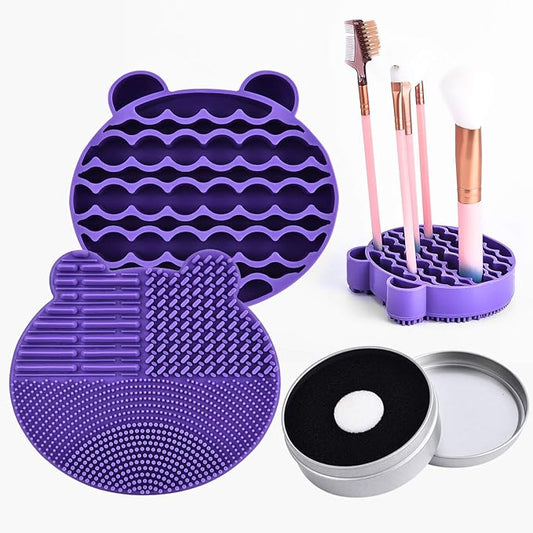 Silicon Makeup Brush Cleaner Mat with Brush Drying Manual Make up Brush Cleaner Cleanser Machine Cosmetic Brush Cleaning Pad+Makeup Brush Dry Cleaned Quick Color Removal Sponge Scrubber Tool(Purple)