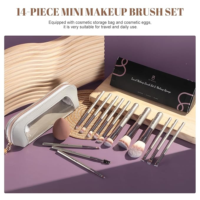 BS-MALL Makeup Brush Set 14 Pcs Premium Synthetic Foundation Powder Concealers Eye shadows Blush Makeup Brushes with Makeup Case and Makeup Sponge (A-Champagne)