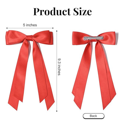 2PCS Silky Satin Hair Bows Hair Clip Red Hair Ribbon Ponytail Holder Accessories Slides Metal Clips Hair Bow for Women Girls Toddlers Teens Kids