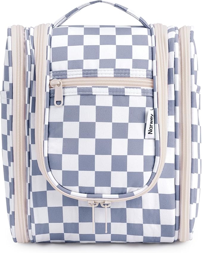 Narwey Small Checked Hanging Travel Toiletry Bag for Women, Travel Bag for Toiletries, Makeup Bag Organizer Cosmetic Bags Make Up Bags for Women (Grayish Blue Checkerboard)