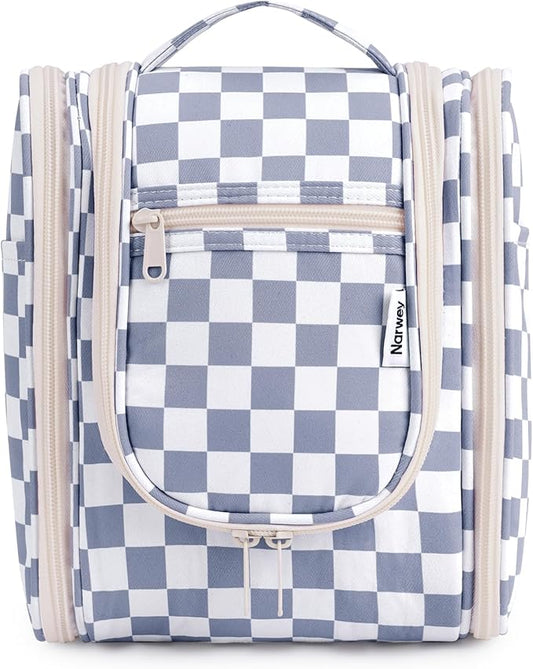Narwey Small Checked Hanging Travel Toiletry Bag for Women, Travel Bag for Toiletries, Makeup Bag Organizer Cosmetic Bags Make Up Bags for Women (Grayish Blue Checkerboard)