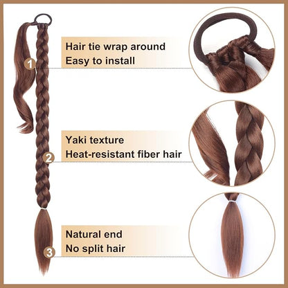 2 Pack Long Braided Ponytail Extension with Hair Tie Straight Wrap Around Hair Extensions Ponytail(6#)
