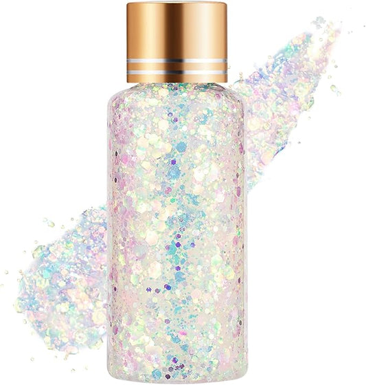 Holographic Body Glitter Gel for Face, Body, Nail, Super Long Lasting Waterproof Quick Dry Liquid Chunky Glitter Eyeshadow for Rave Festival Party Makeup Accessories, 1oz (Mermaid White)