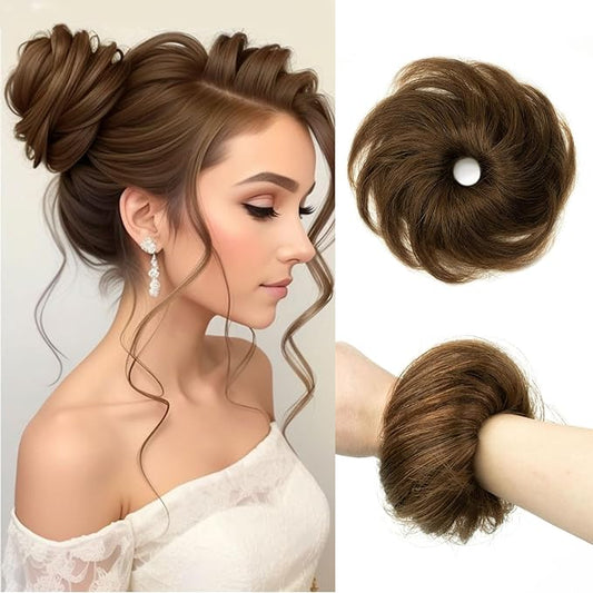 1PCS Messy Bun Hair Piece 100% Real Human Hair Chignons Scrunchies Natural Curly Fluffy Buns for Women Donut Updo Hair Pieces Bun Extension (#6 Honey Brown)