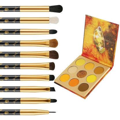 docolor 10Pcs Eye Makeup Brushes Skull Printed Eyeshadow Makeup Brush Set and Yellow Eyeshadow Palette 9 Colors Gemstone Shadow Palette Highly Pigmented Mattes Shimmers Long-Lasting Makeup Palette
