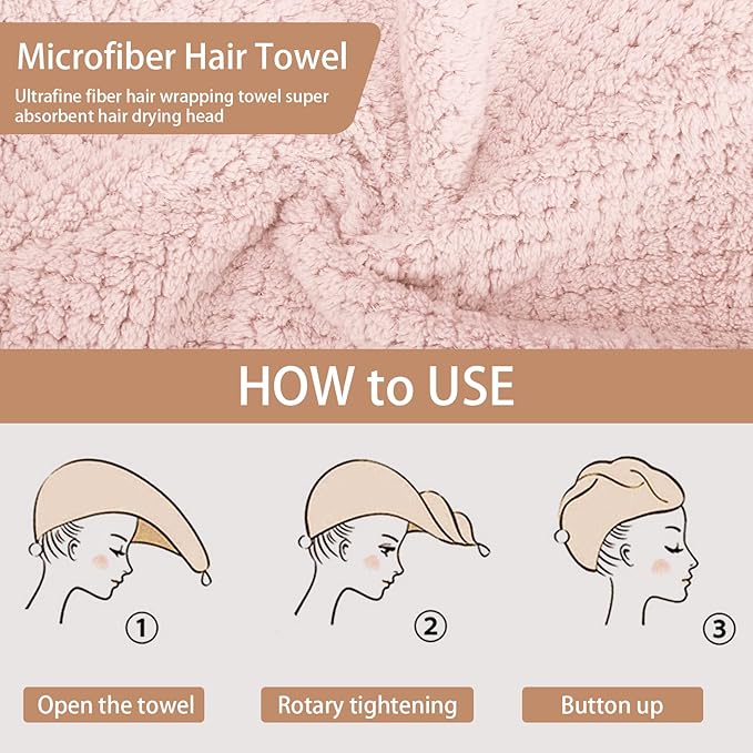 3 PCS Microfiber Hair Towel, Hair Wraps for Women Wet Hair, Fast Drying Hair Turban, Anti Frizz Head Towels Wrap for Curly Hair (Grey, Pink, Blue)