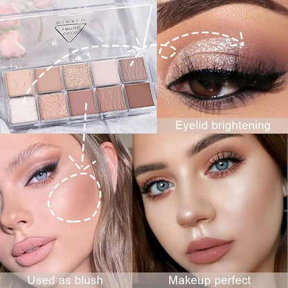 10Colors Light Brown Nude Silver Eyeshadow Palette Makeup,Natural Neutral Highly Pigmented Eye Shadow,Naturing-Looking Long Lasting Waterproof Blendable Hypoallergenic Suitable for Beginners