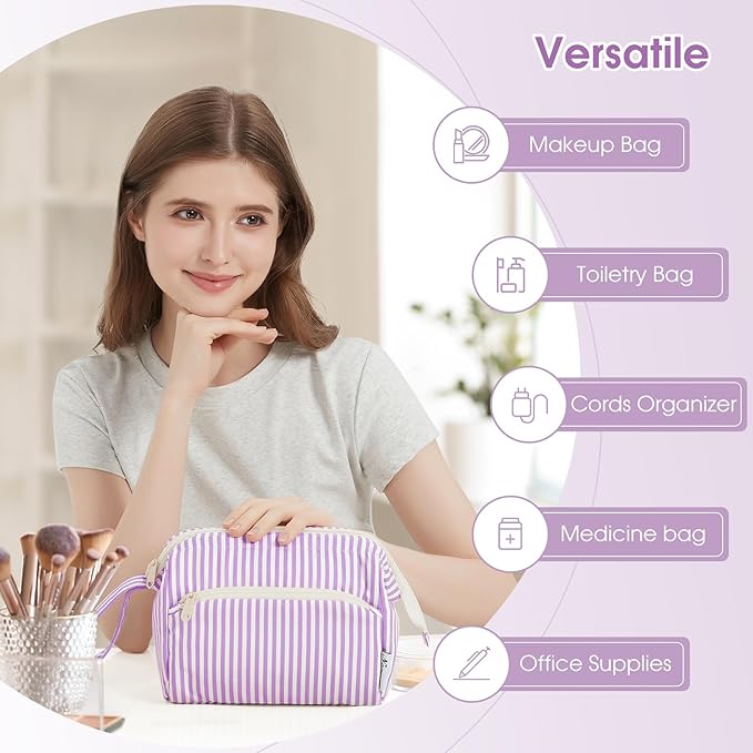 Narwey Striped Makeup Bag Women Wide-open Make up Bag Travel Cosmetic Bag Organizer Toiletry Bag for Cosmetics Toiletries Accessories (Purple Stripe)