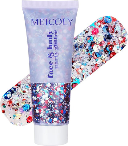 MEICOLY Red White and Blue Body Glitter,4th of July Accessories,4th of July Outfits for Women Kids,Fourth of July Patriotic Face Glitter for Independence Day President's Day Patriotic Veterans Day