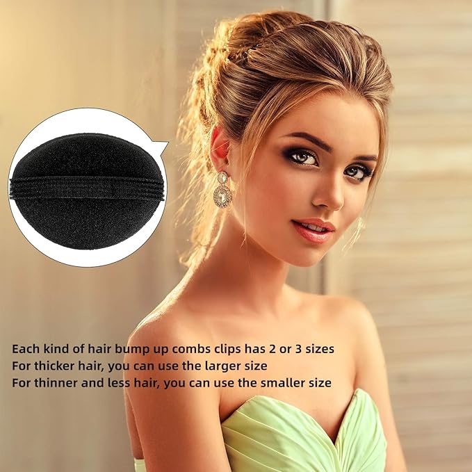 11 Pieces Hair Bump Sponge Volume Hair Bases Set Bump It Accessory for Volume Insert Styling Tools up Combs Clips Sponge Bun Updo Accessories for Women DIY Hairstyles(Black)