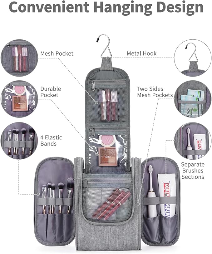 Narwey Small Hanging Travel Toiletry Bag Cosmetic Make up Organizer for Women and Men (Medium, Grey)