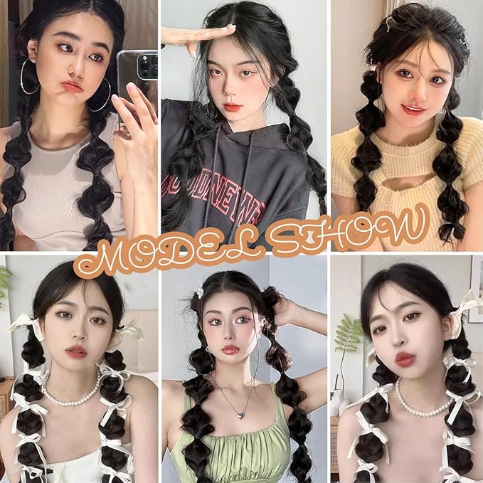 2 Pcs Bubble Ponytail Wig Synthetic Braided Hair Extensions with Hair Ties, Wrap Around Pony Tail Hairpieces for Women & Girls (Black)