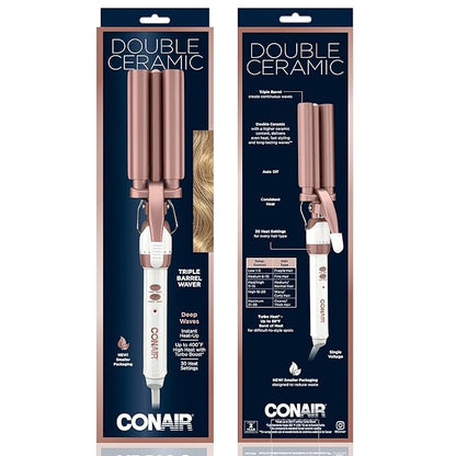 Conair Double Ceramic 3 Barrel Curling Iron, Hair Waver, Create Beachy Waves, Long-Lasting Natural Tight Waves for all Hair Lengths, White / Rose Gold