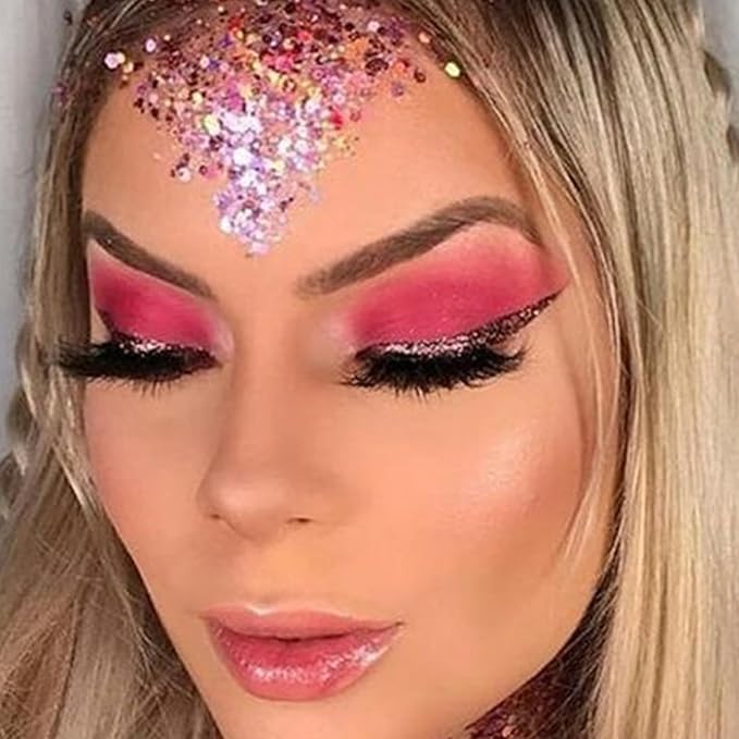 MEICOLY Pink Face Glitter,Pink Body Glitter,Sparkly Hair Glitter,Singer Concerts Lover Heart Chunky Glitter,Pink Glitter Makeup,Mermaid Glitter Face Paint