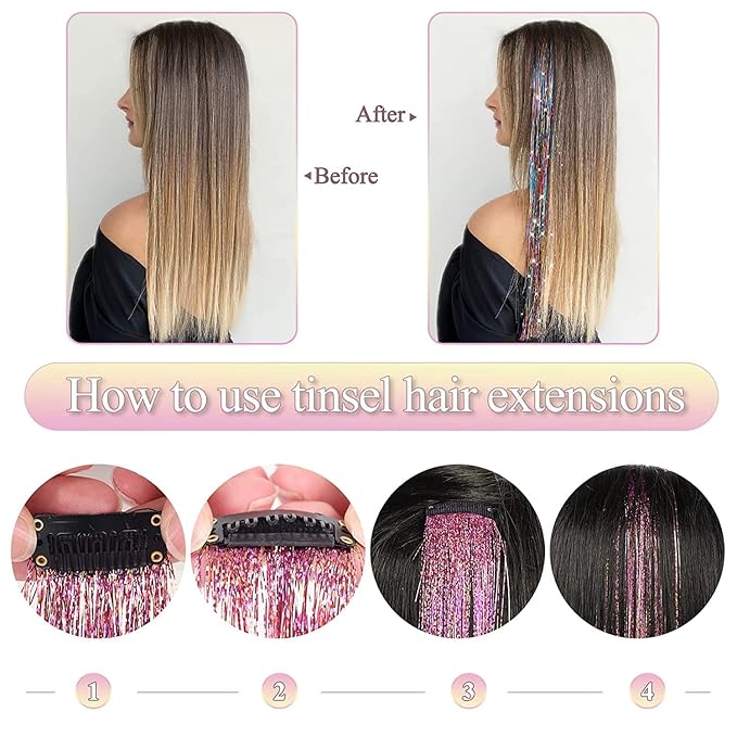 9 PCS Girls Hair Accessories Party Highlights Colorful Clip in Tinsel Hair Extensions，Synthetic Straight Long Hairpieces (Rainbow Color)