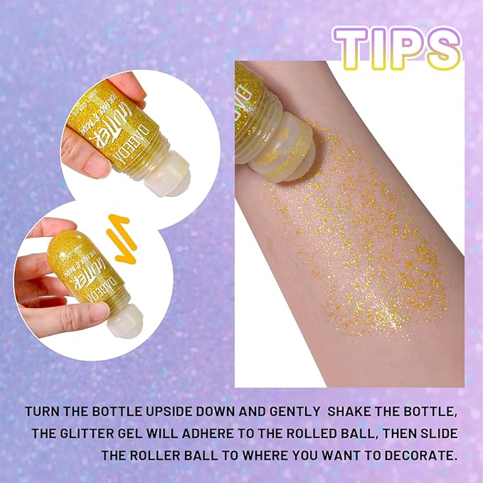 DAGEDA Body Glitter Gel, Roll-on Face Glitter for Mermaid Makeup Festival Rave Accessories, Holographic Hair Glitter Gel,Body Shimmer Halloween Makeup for Rave Party(Laser Gold)