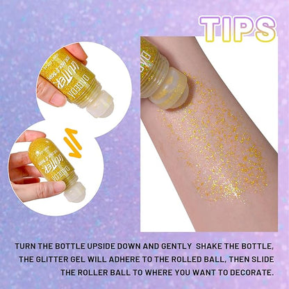 DAGEDA Body Glitter Gel, Roll-on Face Glitter for Mermaid Makeup Festival Rave Accessories, Holographic Hair Glitter Gel,Body Shimmer Halloween Makeup for Rave Party(Laser Gold)