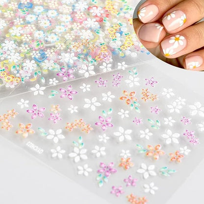 30Sheets Flower Nail Art Sticker 3D Self-Adhesive Nail Art Supplies Colorful Flowers Rose Daisy Cherry Blossoms Nail Decals Pink Floral Nail Design Cute Heart Nail Sticker for Acrylic Nails Decoration