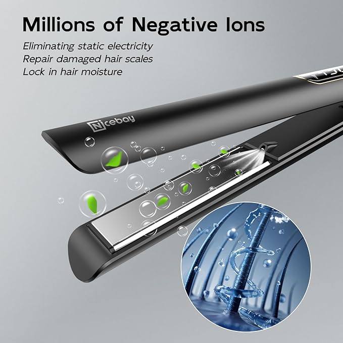 Nicebay Hair Straightener and Curler Fast Heating Titanium Iron with 5 Temp Settings and Negative Ion Technology, Travel-Friendly