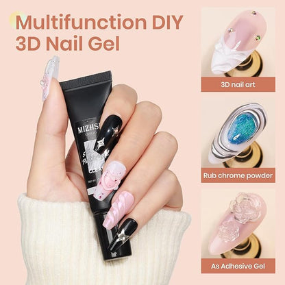 MIZHSE 3D Nail Gel, 2 Pcs Clear 3D Nail Art Sculpting Gel for Nail Art, No Wipe Molding for Nails Decoration Manicure Charms DIY at Home Manicure