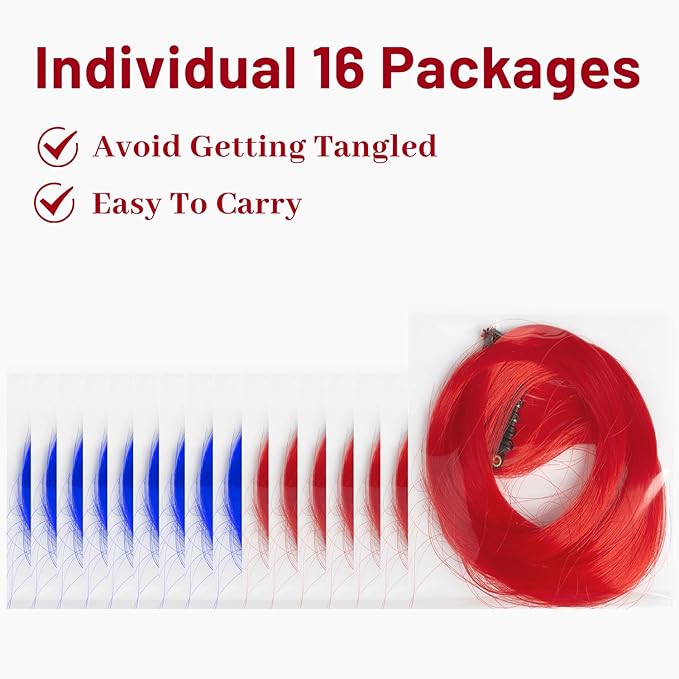 16 Pcs Colored Hair Extensions Curly Wavy Clip in Synthetic Hair Extensions,Colorful Party Highlights Hairpiece Streak for Girls Women Kids (Red Blue)