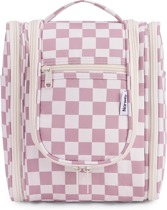 Narwey Small Checked Hanging Travel Toiletry Bag for Women, Travel Bag for Toiletries, Makeup Bag Organizer Cosmetic Bags Make Up Bags for Women (Dusty Rose Checkerboard)