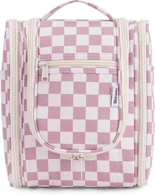 Narwey Small Checked Hanging Travel Toiletry Bag for Women, Travel Bag for Toiletries, Makeup Bag Organizer Cosmetic Bags Make Up Bags for Women (Dusty Rose Checkerboard)