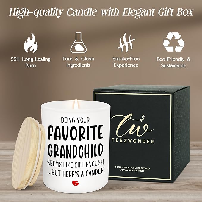 TEEZWONDER Mothers Day Gifts for Grandma - Favorite Grandchild Long Lasting Vanilla Lavender Candle 10 oz - Funny Mother's Day Fathers Day Birthday Gifts for Grandma Grandpa from Grandkids