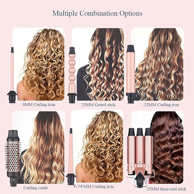6 in 1 Hair Curling Iron Set with Curling Brush and 5 Interchangeable Ceramic Curling Wand (0.35"-1.25"), Curling Wand Set with 2 Temp Heating Setting, Contain Protective Glove and 2 Clips