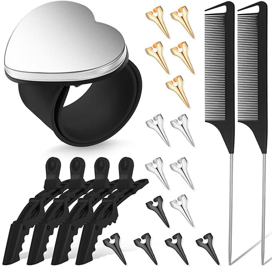 22 Pieces Magnetic Wrist Sewing Pincushion Hair Braiding Tools Pin Wristband Stainless Steel Pintail Rat Tail Comb Wide Teeth Alligator Sectioning Hair Clip Parting Ring Tool(Black)