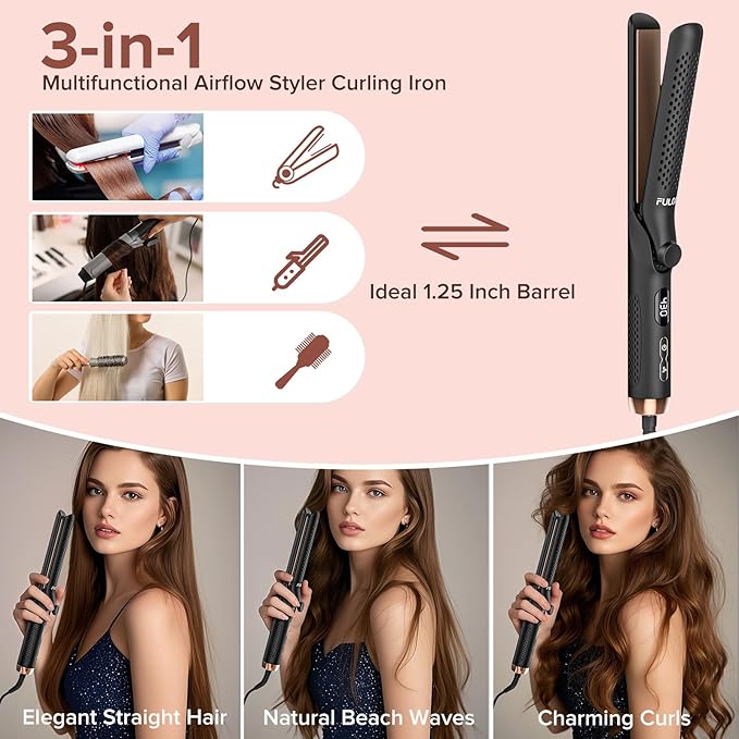 360° Airflow Styler Curling Iron, 1.25 Inch Hair Straightener and Curler 2 in 1, LED Display Curling Flat Iron with Cooling Air Vents to Lock in Style, Adjustable Temp Curling Wand (Black)