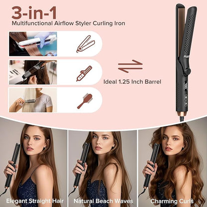 360° Airflow Styler Curling Iron, 1.25 Inch Hair Straightener and Curler 2 in 1, LED Display Curling Flat Iron with Cooling Air Vents to Lock in Style, Adjustable Temp Curling Wand (Black)