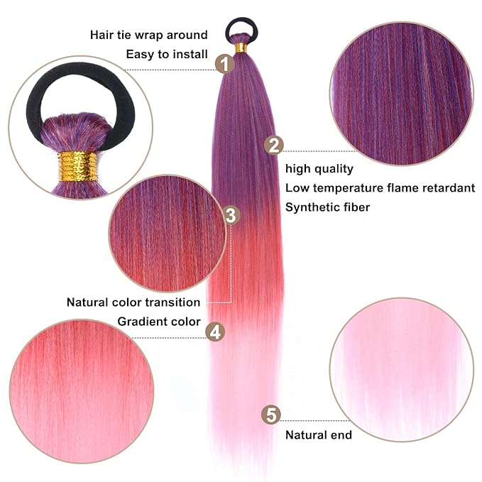 2 Pack Pink Ponytail Extension with Elastic Tie Straight Sleek Wrap Around Braid Ponytail Red Gradient 26 Inch (Purple/Red/Pink#)