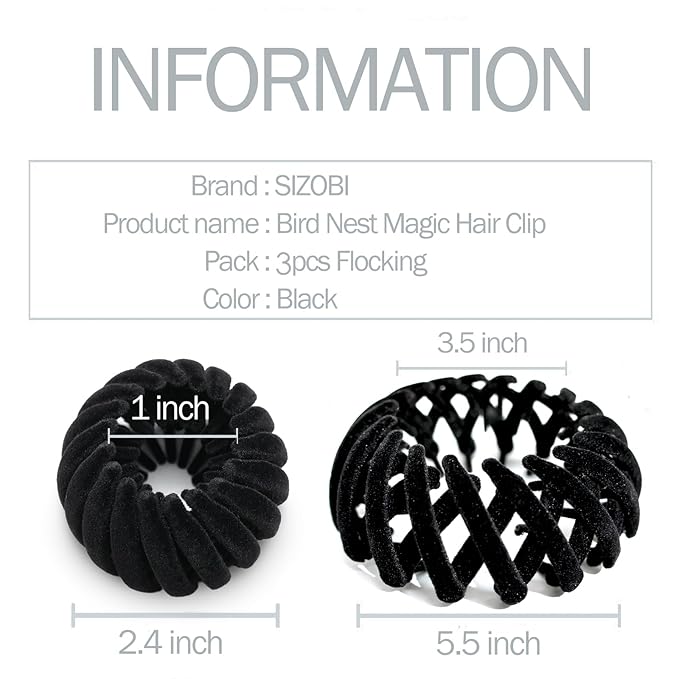 Sizobi Birds Nest Magic Hair Clip, Hair Ties Hair Clips For Women, Hair Scrunchies Hair Accessories for Women, Black 3PCS
