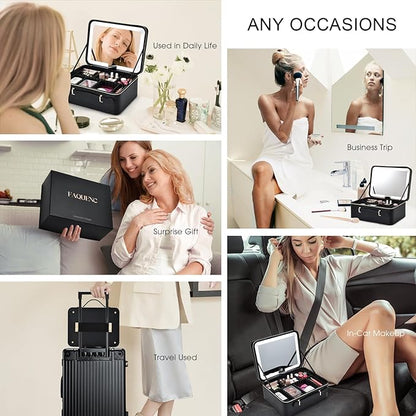 11.4 Inch Extra Large Makeup Bag with LED Lighted Mirror Leather Cosmetic Train Case Light up Mirror Portable Makeup Artist Storage Bag with Dividers Makeup Brush Holder Vanity Black