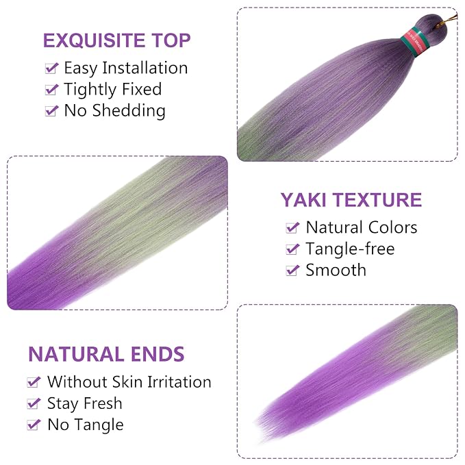 Ombre Purple-Green Pre Stretched Braiding Hair, 36 Inches Braid Hair Extensions, 8 packs Multi Color Blend Braiding Hair Pre-stretched, Crochet Hair Braiding