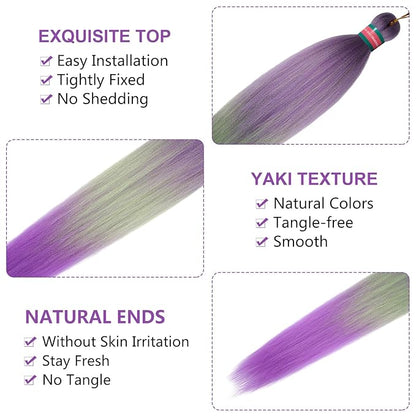 Ombre Purple-Green Pre Stretched Braiding Hair, 36 Inches Braid Hair Extensions, 8 packs Multi Color Blend Braiding Hair Pre-stretched, Crochet Hair Braiding