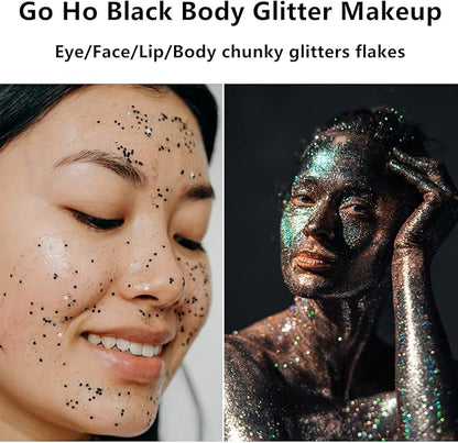 Go Ho Black Body Glitter,Halloween Black Face Paint Glitter Makeup,Holographic Chunky Sequins Glitter for Festival Cosplay SFX Costume,Festival Rave Accessories,Eye Black Face Glitter Gel