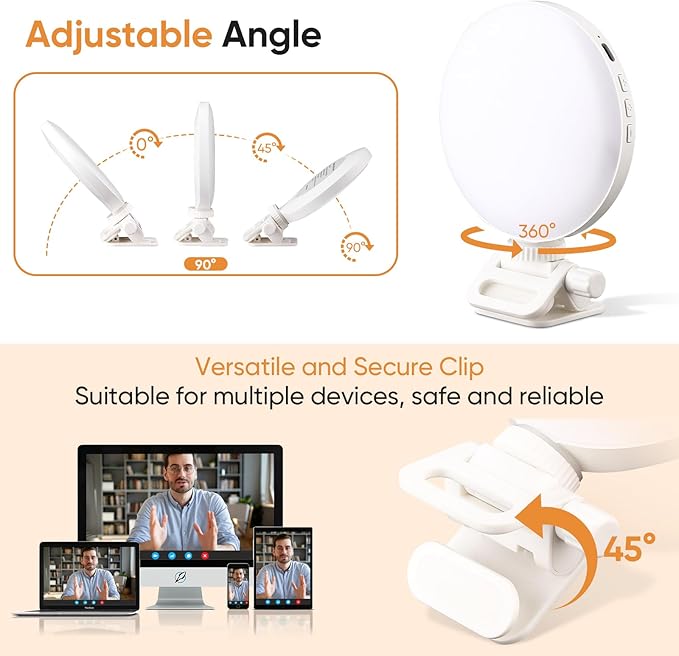 Selfie Light, Clip on Light [Rechargeable], 360°+90° Adjustable 12 Level Brightness Fashionable Portable Phone Selfie Light for Phone, Laptop, Tablet, YouTube, Video Conference, Live Streaming
