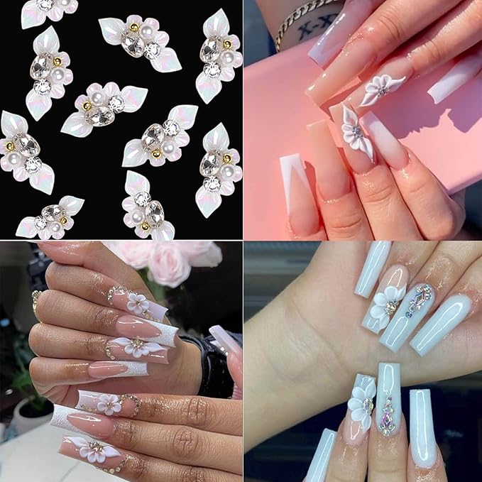 Nail Art Charms 3D Flower Nail Charms for Acrylic Nails White Gold Nail Art Supplies Luxurious Gems Rhinestones Pearls Design Nail Accessories for Women and Girls Nail Decorations.