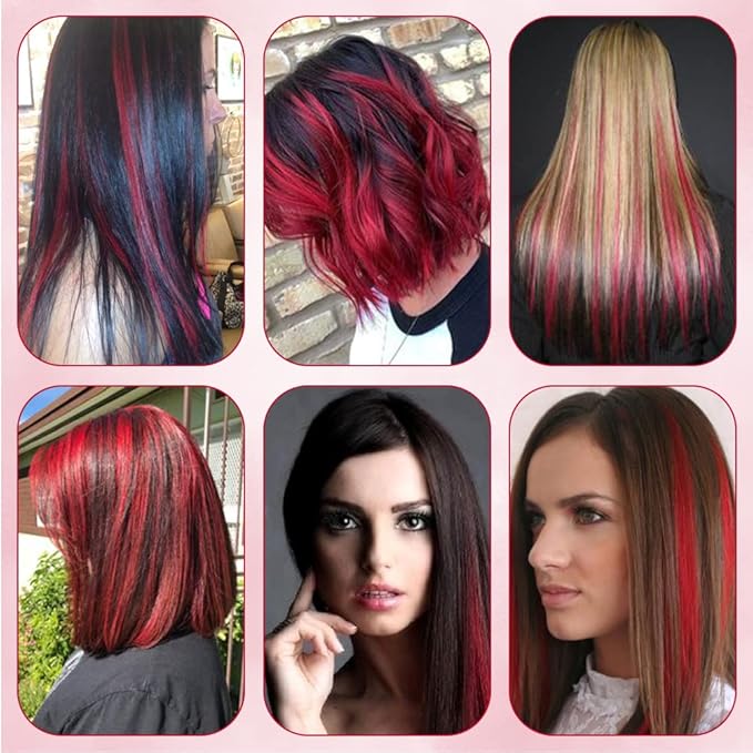 20 Inch Colored Hair Extensions Party Highlights Straight Colorful Clip In Hair Extensions Synthetic Rainbow Hairpieces for Girls Kids Gift(10Pcs Red)
